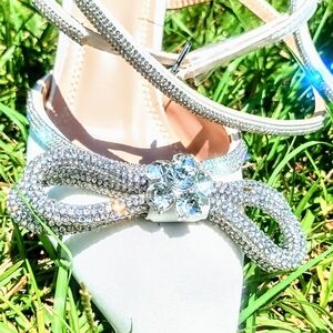 Hayixia Elegant White and Silver Heels with Oversized Bow